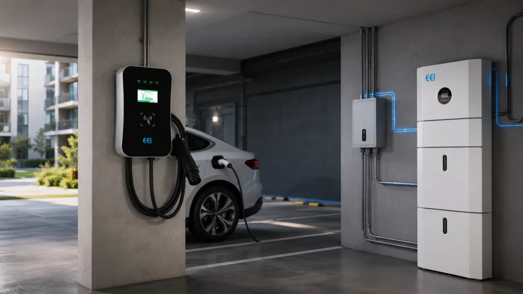 Apartman ortak otoparkında OCPP uyumlu AC elektrikli araç şarj cihazı